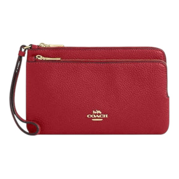 Retail $198 NWT Coach Red Pebble Leather Double Zip Wristlet Gold Hardware